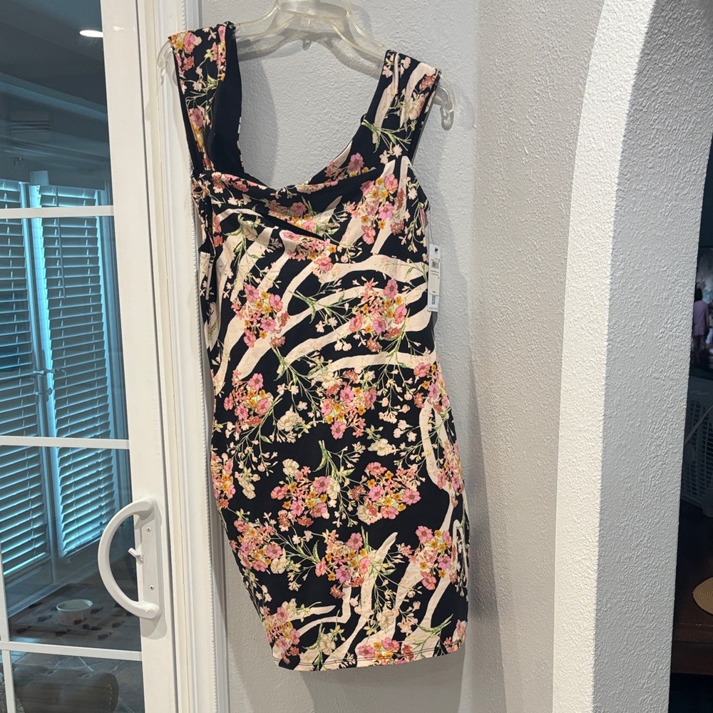 Guess Black Floral Scoop Neck Mini Dress with Pink Accents